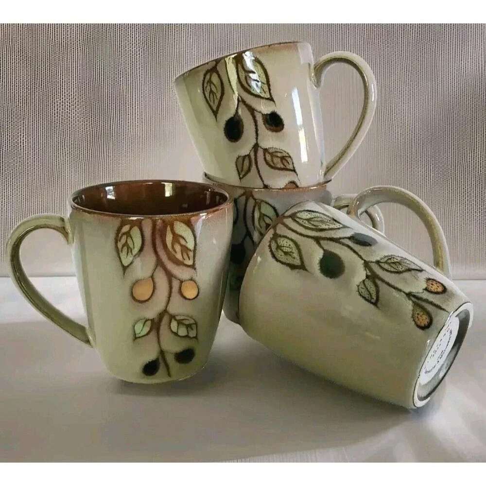 4 Sango Vineyard 4845 Stoneware Pottery Coffee Cup Mugs Berry Vine Earthy Retro